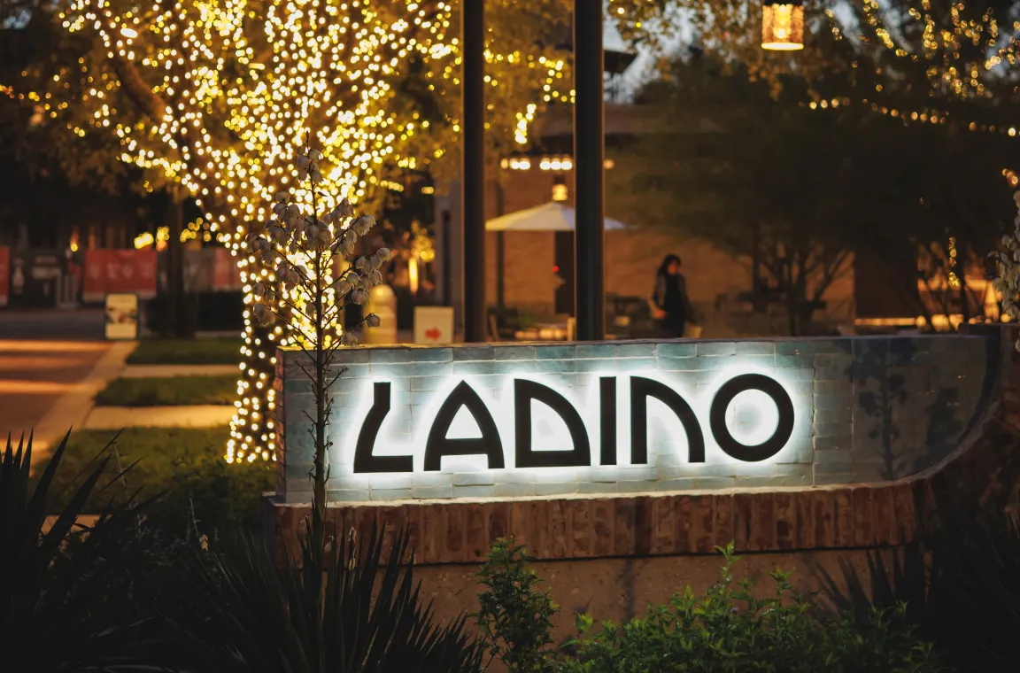 Illuminated Ladino restaurant sign at night, surrounded by landscaped greenery and trees wrapped in warm white string lights.