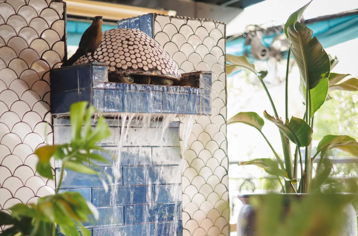 Blue-tiled indoor fountain with cascading water, tropical plants, and a perched bird inside Soluna restaurant in San Antonio.