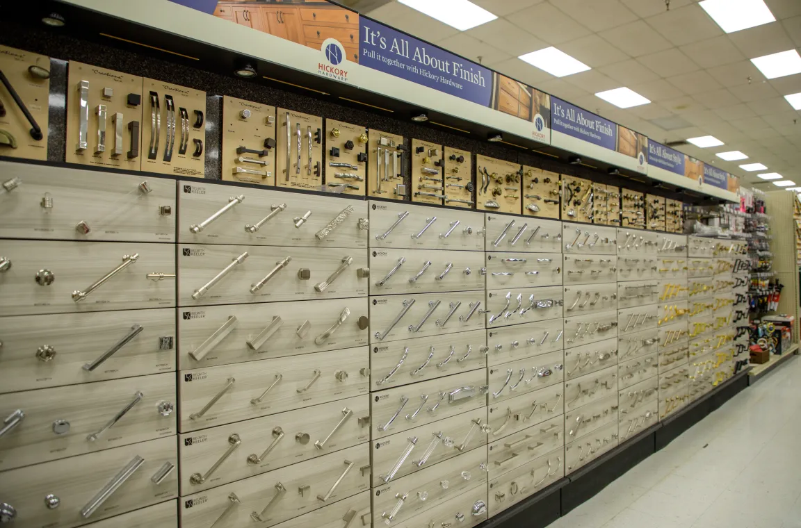 Decorative hardware display inside Bering's Hardware & Gifts showcasing cabinet pulls, knobs, and handles in a wide range of finishes.