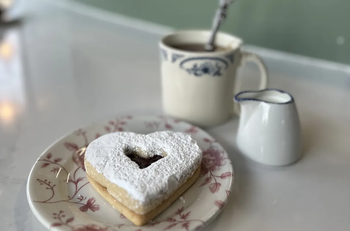 A close-up shot of a heart-shaped sandwich cookie dusted with powdered sugar and filled with red jam, resting on a vintage red floral plate next to a coffee mug and a cream pitcher.