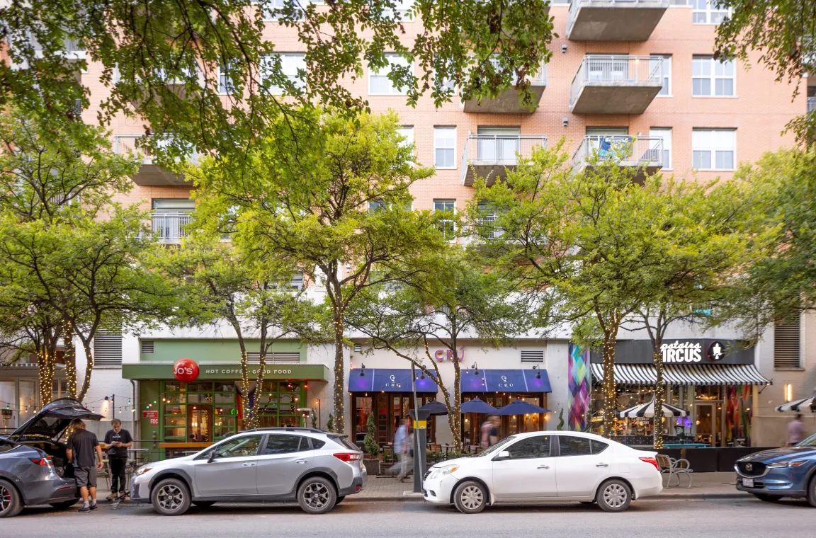 A view of several storefronts along 2nd Street in Austin, TX