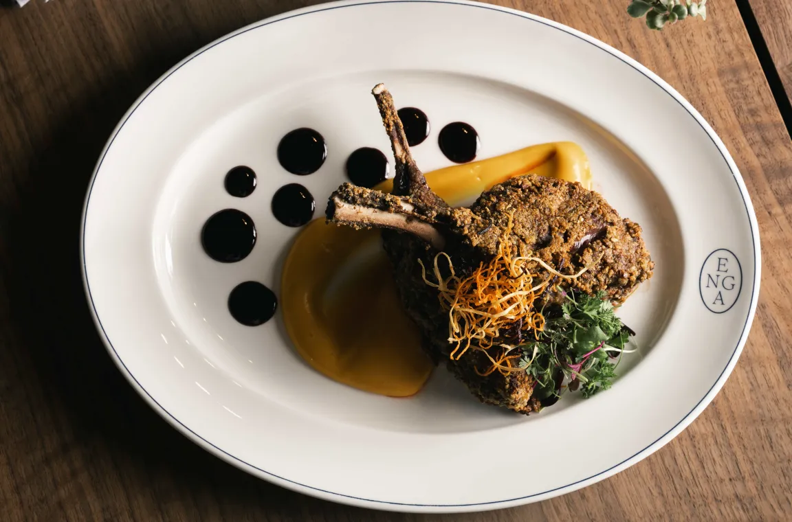Herb-crusted rack of lamb plated with squash purée, rich demi-glace, crispy vegetables, and fresh microgreens.