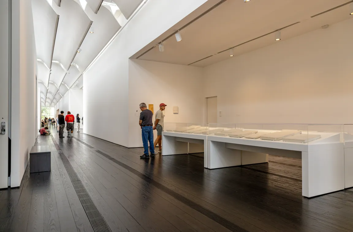 Visitors inside a spacious gallery at The Menil Collection with dark wood floors, white walls, angled ceiling skylights, and horizontal white display cases containing artifacts.