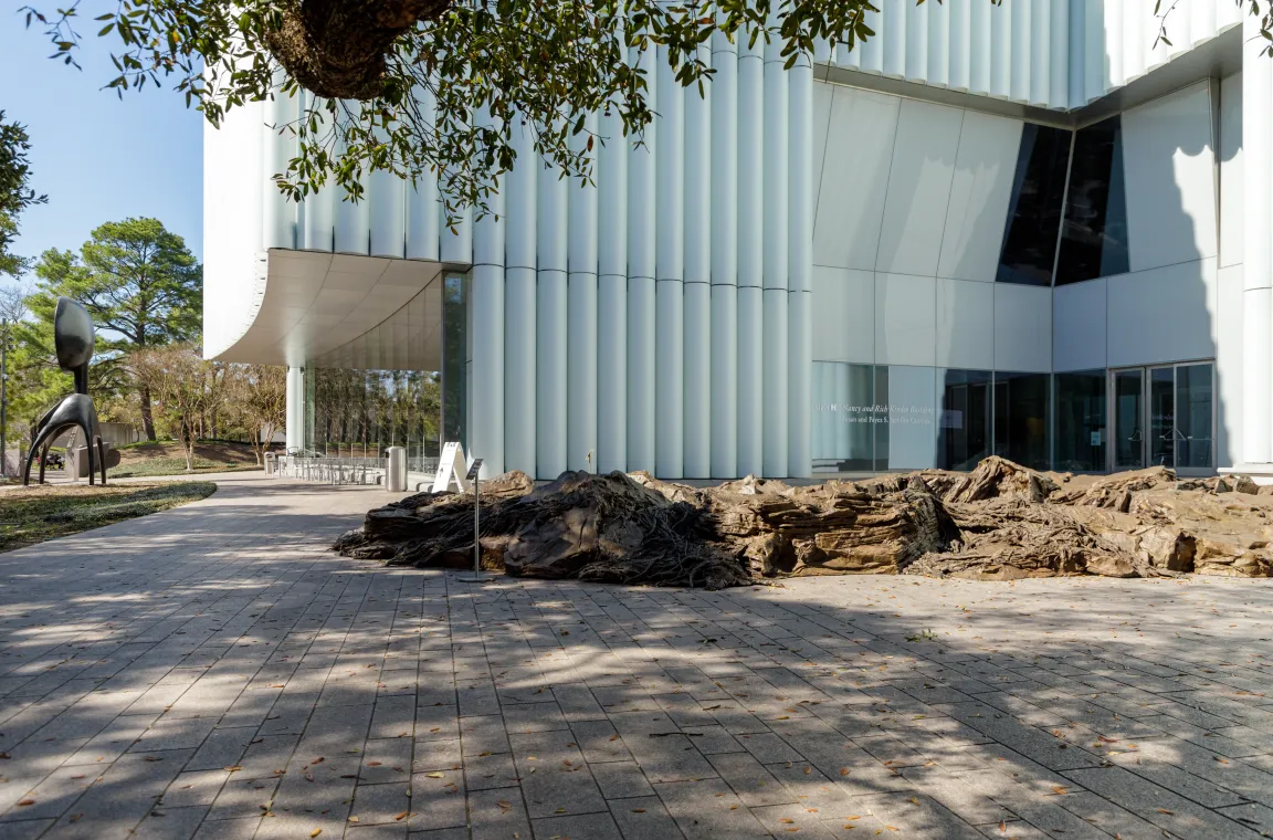 An outdoor plaza area paved with stone bricks leading to a modern building with a vertical-tubed glass facade, accented by a rocky landscape installation.