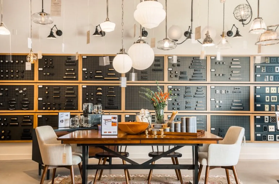 An interior wall in a Williams-Sonoma store featuring cabinet hardware